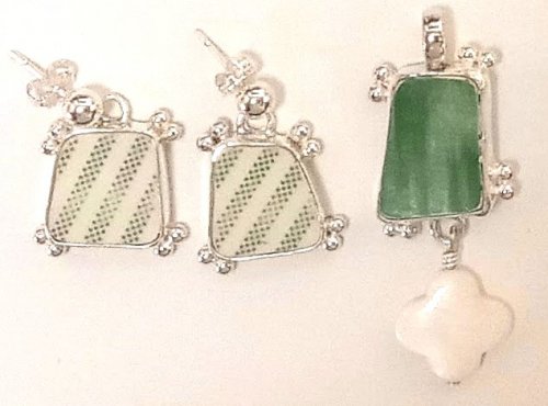 Judy Larson's Broken  AKA Bits and Pieces Dish Jewelry - , Metalwork, Filing, Finishing, Tumbling, Tumble, Tumbling Jewelry, Butane Torch, Soldering, Solder, Design, pottery shard jewelry
